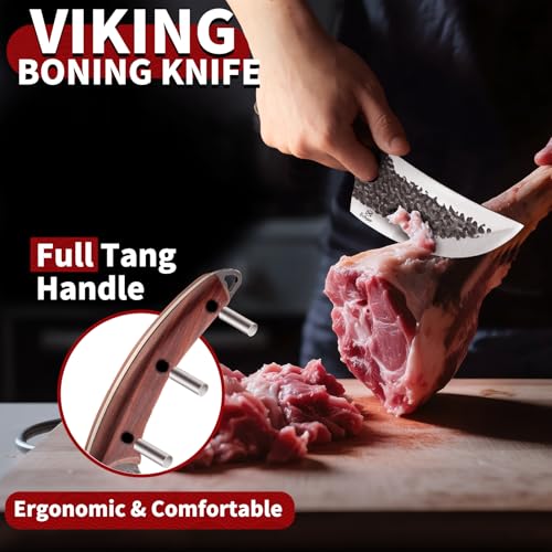Image of Butcher Knife Set - 3PCS Hand Forged Kitchen Knife Set with Serbian Chef Knife, Viking Boning Knife & Meat Cleaver, High Carbon Steel for Meat Cutting, Outdoor BBQ, Camping, Gift for Men