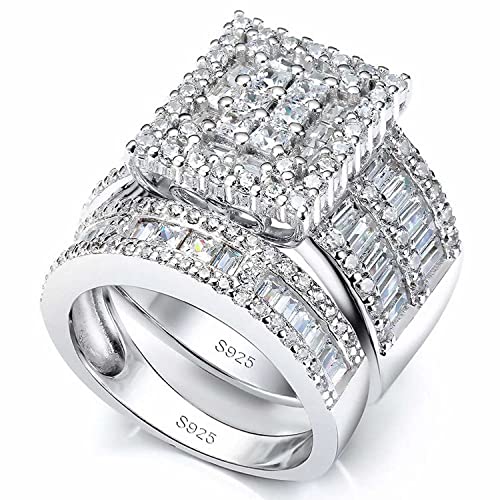 Platinum Over Sterling Silver Big Womens Bridal Rings Set Bling Princess Cut Cubic Zirconia Size 5-11