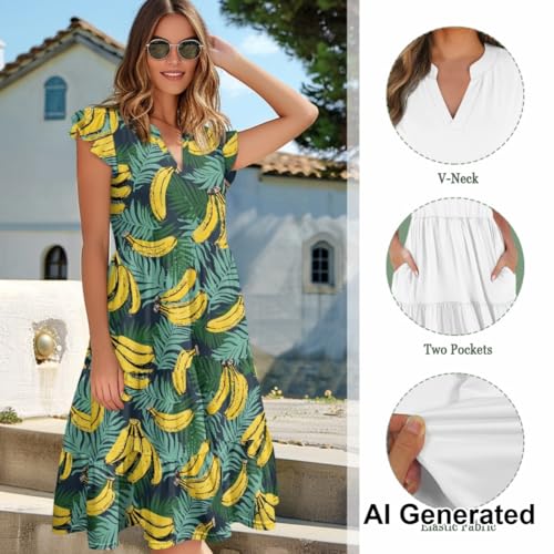 Image of Women's Casual Ruffle Sleeve Dress V Neck Pullover Dress Flowy A-Line Pleated Lightweight Dress with Pockets