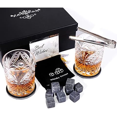 Whiskey Glasses Set of 2, 10 oz Fashioned Whiskey Glasses Gifts for Men Includes 9 Whiskey Scotch Bourbon Chilling Stones, Birthday Gifts for Dad, Him, Boyfriend Cover