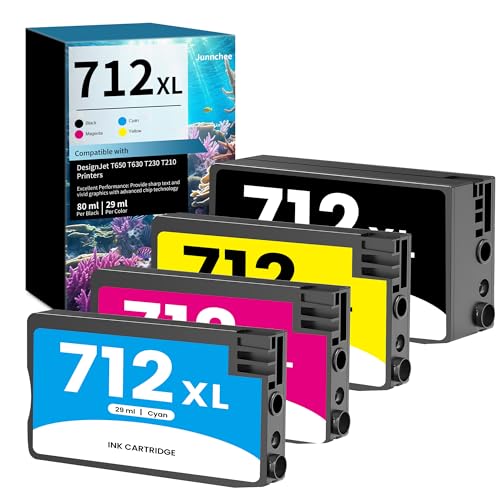 712 Ink Cartridges (4 Pack, Black Cyan Magenta Yellow) Replacement for HP 712 XL 712XL Ink for DesignJet T650 T630 T230 T210 Printer 3ED71A 3ED69A 3ED68A 3ED67A