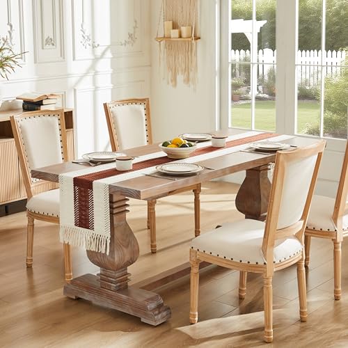 Image of ZeeMart Macrame Style Bicolor Stitching Table Runner, 14 x 72 Inch Terracota /Ivory, Boho Rust Table Runners 72 Inches Long, Farmhouse Woven Home Decor