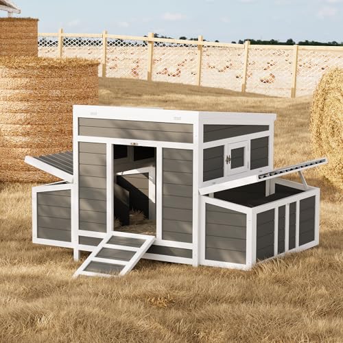 Wooden Chicken Coop, Chicken Coop for 4-6 Chickens, with 2 Sides Large Nesting Boxes, No-Slip Ramp & Pull-Out Tray, Poultry Cage Rabbit Cage for Outdoor Farm Yard (54.41 in x 34.49 in x 34.05')