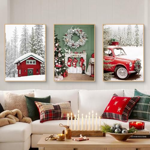 CULASIGN 3er Weihnacht Poster Set, Winter Schnee Rot Auto Bilder...