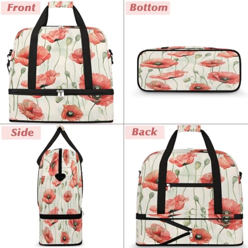 Travel Duffel Bags Watercolor Poppy Foldable Weekender Bags for Women with Shoes Compartment Waterproof & Tear Resistant Carry on Overnight Luggage Duffel Bag Shoulder Sports Tote Bag3