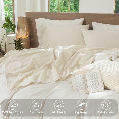 Image of MooMee Striped Sheet Set 100% Washed Cotton Linen Like Cal King