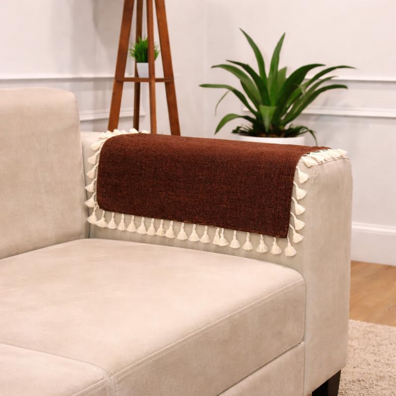 Image of STITCHNEST Jute Sofa Arm Cover with Tassels | Elegant Textured Hand Rest Protector | Durable & Long-Lasting | 18 x 22 Inches