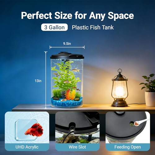 Image of Koller Products 3-Gallon 360 Aquarium with LED Lighting (7 Color Selections) and Power Filter, Impact-Resistant Plastic, Ideal for a Variety of Tropical Fish