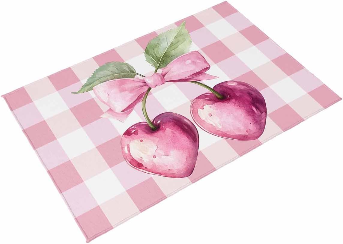 Outdoor Rug 4x6 ft Pink Bow Cherry Outdoor Large Area Rug Non Slip Rubber Pink White Check Washable Front Door Mat RV Rug Camping Carpet Patio Outdoor Rugs for Backyard Balcony Deck Porch Indoor