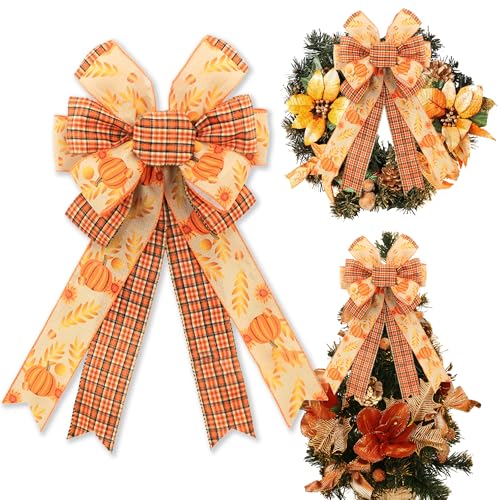 HIENAJ Large Fall Orange Red Plaid Bow Wreath Pumpkin Leaves Bow for Fall Décor - Autumn Thanksgiving Bow for Front Door Indoor Outdoor Wall Decoration Supplies Ornaments 4