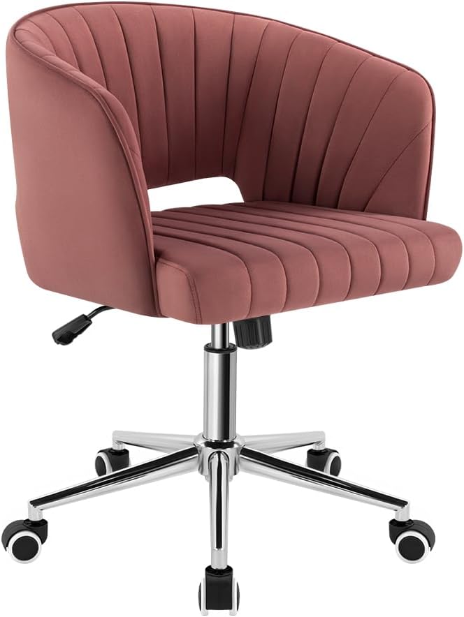 KKTONER Office Chair Velvet Desk Chair Swivel Armchair Cute Modern Fabric Home Office Desk Chairs with Wheels Adjustable Vanity Chair Rolling Chair for Living Bedroom (Rose)