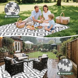 MOKANI Large Outdoor Rug for Patios Waterproof, Anti-slip Plastic Straw Garden Mat Carpet UV Resistant Indoor Area Rugs for Camping, Deck, Beach, Picnic, Backyard (150x240cm, Grey & White)