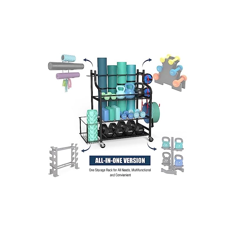 ZACHVO Dumbbell Rack - Home Gym Storage Weight Rack 360° Wheels, Equipment Storage Space-Saving Fitness Organiser for Kettlebells Yoga Blocks, 8 Hooks - Image 3