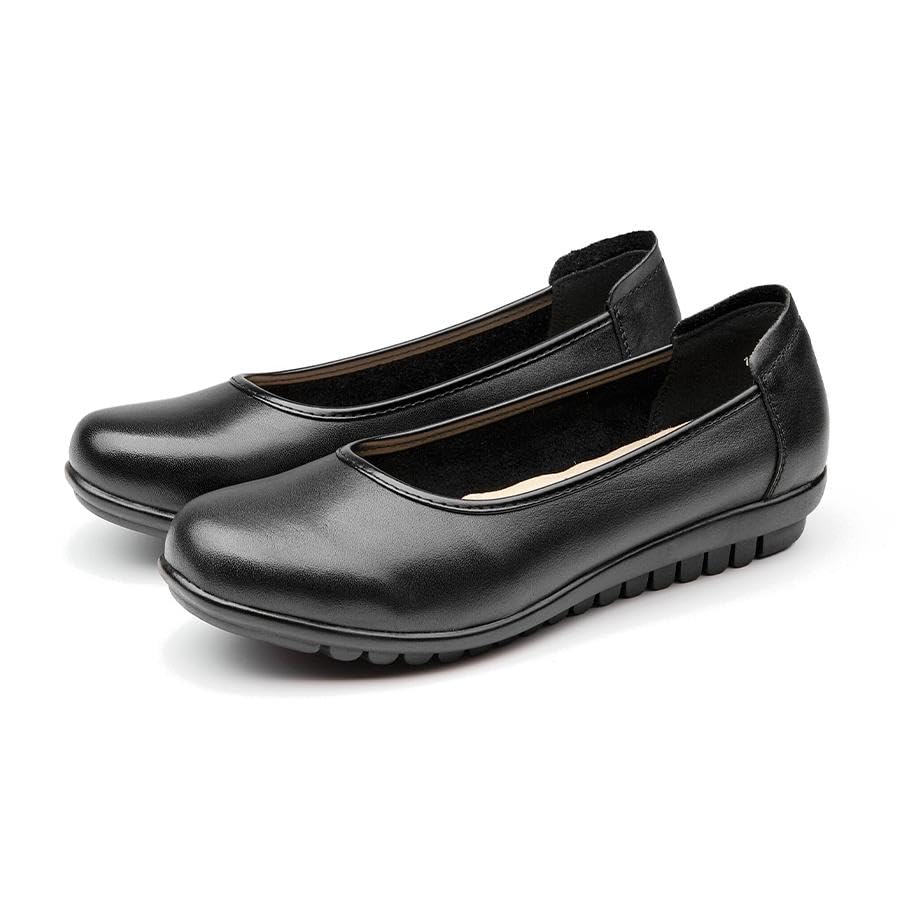 BEAU TODAY Work Flats for Women, Women’s Leather Ballet Flats, Comfortable Slip-on Non-Slip Flight Attendant Shoes, Office Business Casual Round Toe Ladies Dress Shoes