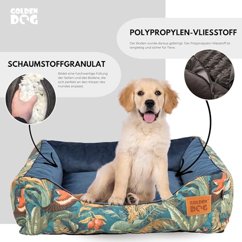 Golden Dog Hundebett Hundekorb Waschbarer Hundekorb Flauschige Hundematratze mit erhöhten Rändern Weiches Hundesofa, Katzen Samt „Square Kinia“ (Vögel, XL)