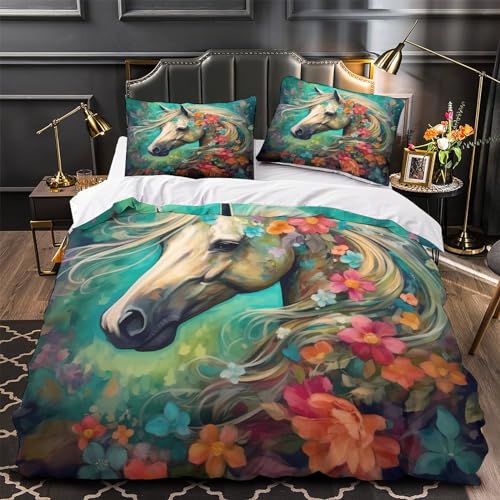 Housse de couette chevaux 3D parure de lit 3 pièces imprimé animal - 5