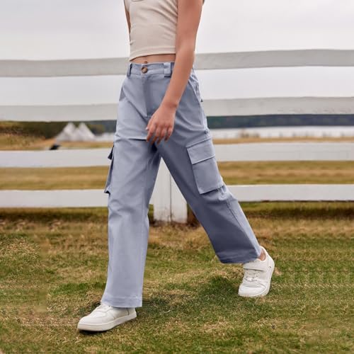 Girls Trendy Cargo Pants Baggy Wide Leg Sweatpants Pockets High Waisted Zipper Button Back Elastic Straight Pants4