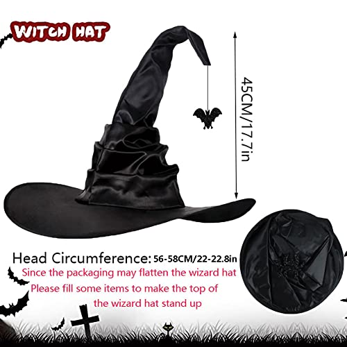 ITODA Halloween Ruched Witch Hats Wide Brim Pointed Wizard Hat Black Wicked Witches Hat Crooked Wizard Headwear Fancy Dress Party Witch Accessories for Halloween Carnival Cosplay Party - Image 4