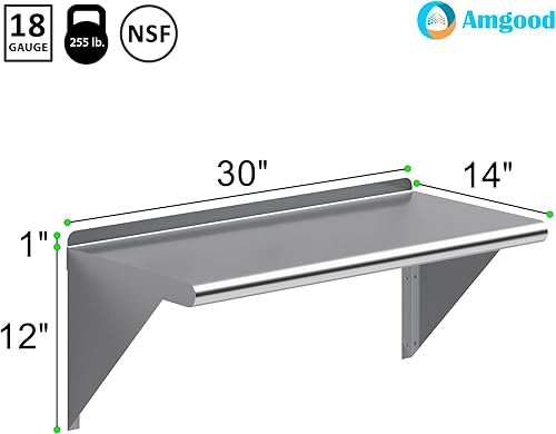 Miniatura 3 de AmGood Estante de pared de acero inoxidable de 16 pulgadas de largo x 6 pulgadas de profundidad  Certificado NSF  Estantería de metal para