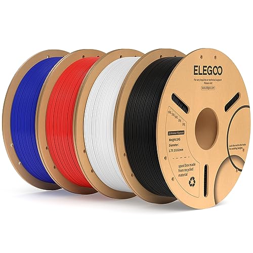 Image of ELEGOO PLA Plus Filament 1.75mm Bundle 4KG, PLA+ Tough 3D Printer Filament Dimensional Accuracy + /- 0.02mm, 4 Pack 1kg Spool(2.2lbs) Fits for Most FDM 3D Printers(Black, White, Blue, Red)