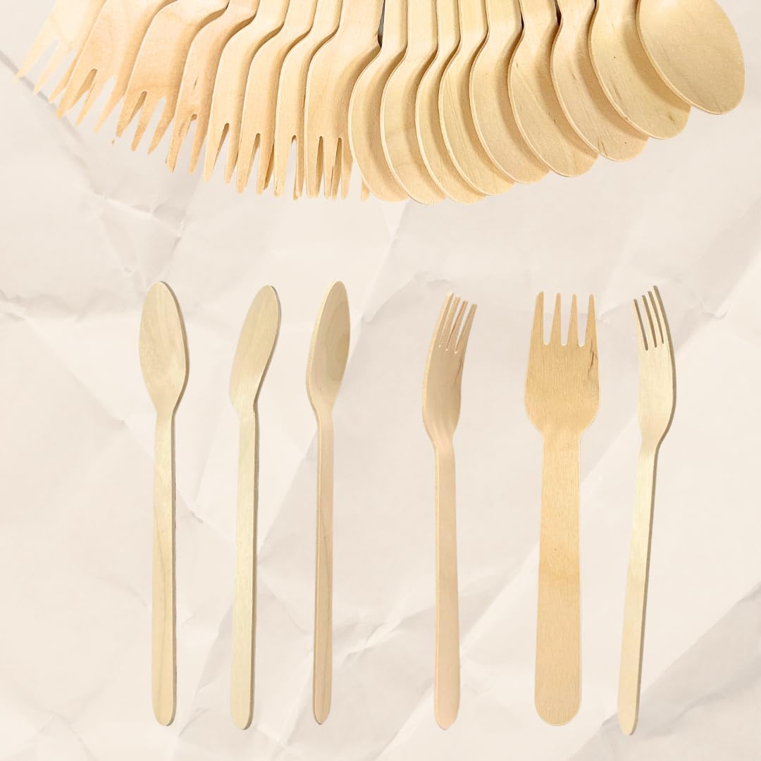 6.5 inches Disposable Wooden Cutlery, Set Spoons 50 and Forks 50 Pcs, Flatware For Camping Catering Picnic BBQ Party
