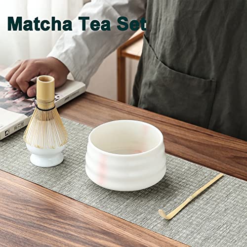 Matcha Set, Matcha Whisk And Bowl Ceremony Accessory Kit- Pink Stripe Ceramic Bowl, Matcha Whisk, White Whisk Holder, Traditional Scoop, Perfect Set To Prepare A Traditional Cup Of Matcha #TOP1