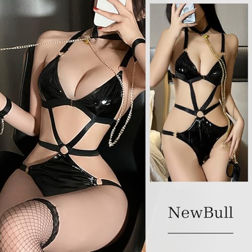 NewBull Damen Sexy Leder Dessous Sets Frauen Sexy Bodysuit Damen Body Dessous Set Latex Bodysuit Frauen Lingerie mit Halsband, verziert mit Kette und Glocke Wetlook Latex Catsuit