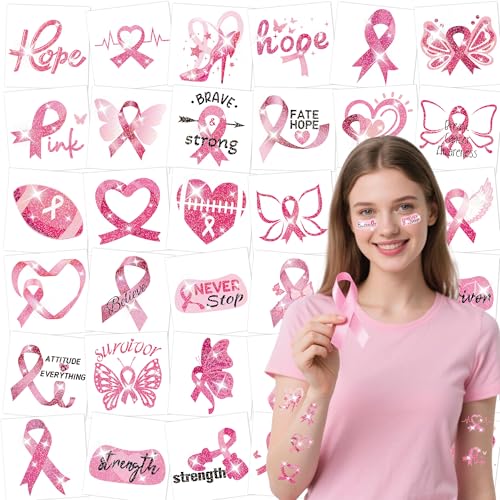 JoyfulGlam Glitter Breast Cancer Awareness Tattoos Breast Cancer Awareness Accessories Pink Out Accessories for Spirit Week Pink Ribbon Breast Cancer Awareness Decorations
