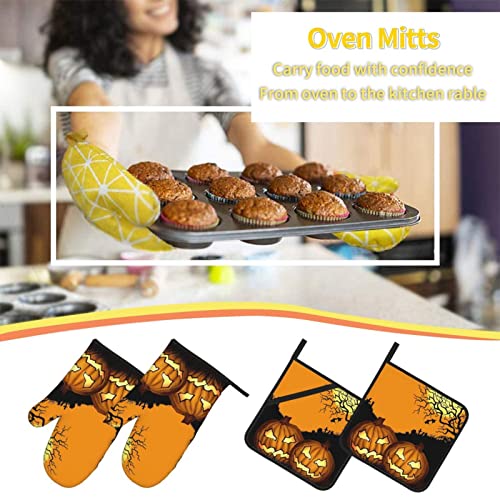 Halloween Holiday Pumpkin Printed Oven Mitts And Pot Holders Heat Resistant Potholders Oven Gloves And Pad For Baking Kitchen Grilling - 4 Set #TOP7