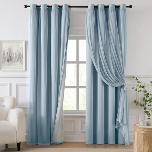 Image of 100% Blackout Curtains for Bedroom, Double Layer Blue Curtains, Black Out Curtain 108 inch Long with Sheer Overlay for Living Room, Room Darkening Window Drapes with Grommet, 52 inch W x 108 inch L