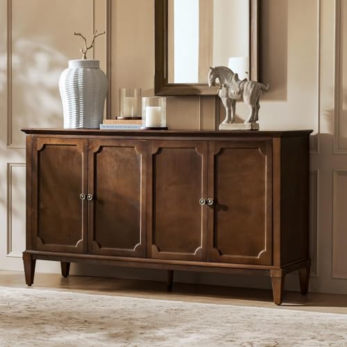 HULALA HOME Mid-Century Modern Sideboard Cabinet 4-Door Storage Buffet 58 W x 15.75 D x 32.2 H Adjustable Shelves Solid Rubberwood Legs(Walnut)