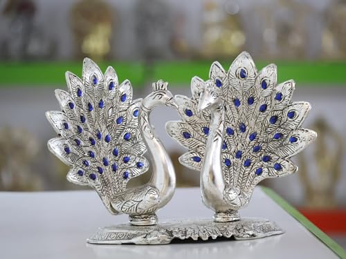 Image of KridayKraft Double Peacock Metal Statue, Lovers Peacock Couple, Animal Showpiece Figurines, Feng Shui as Table Top Figurine for Living Room, Office, Bedroom, Decorative (Silver)
