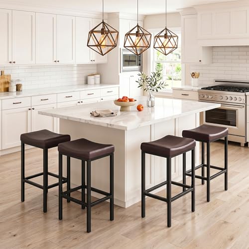 Image of HOOBRO Bar Chairs, Set of 4 Counter Height Saddle Stools with Curved Surface, 24.8 Inches, 2.4 inch Thick Upholstery, for Kitchen and Dining Room, Brown and Black BC10BYP401