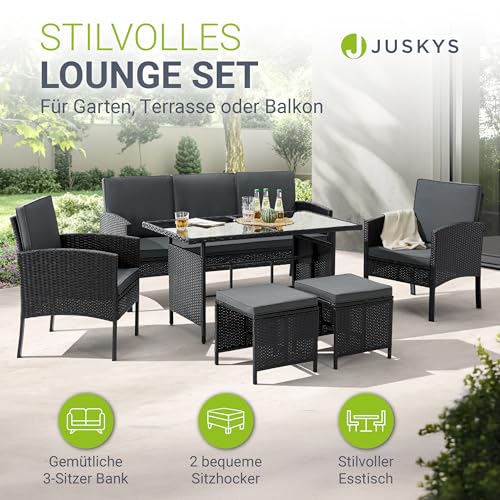 Juskys Polyrattan Gartenmöbel Sitzgruppe Turin Set 6 teilig - 7 Personen - Outdoor Möbel mit Sessel, Hocker, Tisch & Kissen - Loungemöbel Schwarz