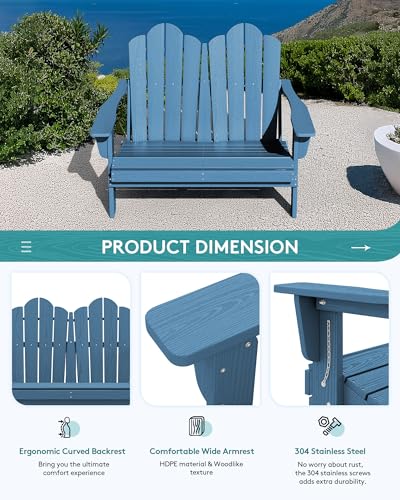 Image of SERWALL 3 Pieces Patio Adirondack Bench Set, 2 Folding Adirondack Bench and 1 Coffee Table Set for Front Porch Garden Balcony Backyard, Navy