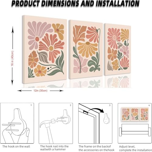 TBKHUDBI Boho Flower Canvas Wall Art Abstract Floral Pictures Prints Set of 3 Minimalist Botanical Painting Poster Flower Market Aesthetic Wall Decor for Living room Bedroom 12"x16" Framed - Image 7