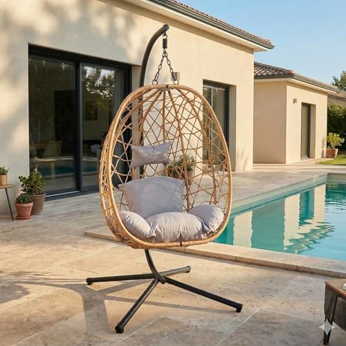 CONCEPT USINE | Fauteuil Suspendu avec Support en Résine Tressée | Design CUZCO Rotin Naturel | Structure Acier Robuste | Coussins Déperlants & Amovibles |...