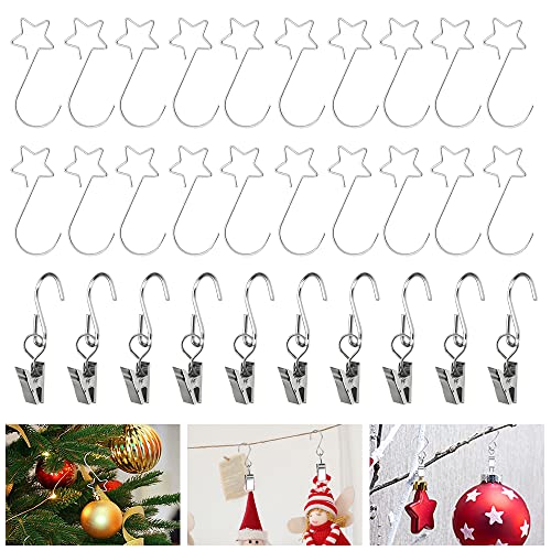 YONGORHEX 50 Stück Weihnachtskugel Haken Christbaumkugel Aufhänger 40 Stück S-Haken mit Stern und 10 Stück Schnellaufhänger mit Hakenclips Weihnachtsbaum Haken für Weihnachtskugel (Silber) Cover