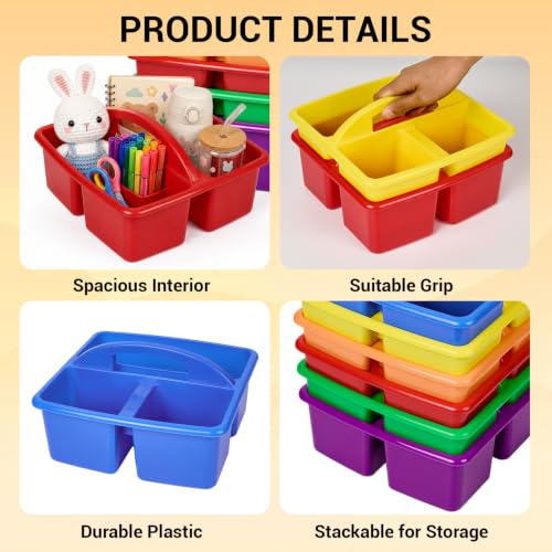 GarveeHome 6-Pack 3 Compartment Plastic Storage Caddy with Handle – Multi-Color – Small Organizer Bin for Study Area, Art Supplies, Crafts, Office Stationery, Toys, and Home Storage - Image 7