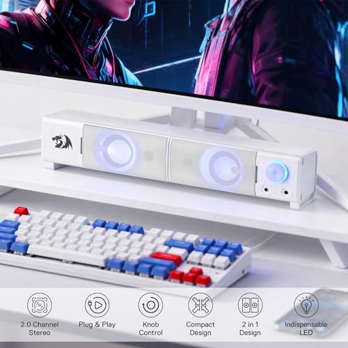 Image of Redragon GS550 PC Gaming Speakers, 2.0 Channel Desktop Computer Sound Bar with Compact Maneuverable Size, Headphone Jack, Quality Bass & Decent Red Backlit, USB Powered w / 3.5mm Cable, White