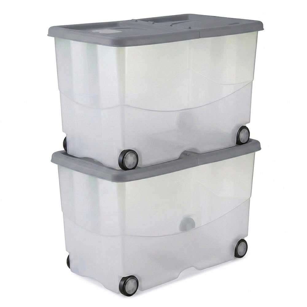Set 2 Contenitore Multiuso 57 Litri con 4 Ruote Coperchio Grigio Doppia Apertura Box Organizer casa con Tasca Antitarme H36 x L56 x P38 cm in Plastica BPA Free portaoggetti salvaspazio Made in Italy