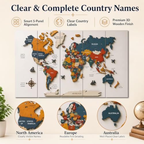 Image of The Castle Decor World Map Painting With Frame 5 Big Size Multiple Frames Wall Art Painting for Living Room,bedroom,drawing Room,hotels-wooden Framed-digital Painting (36x60 inch, multicolor8)
