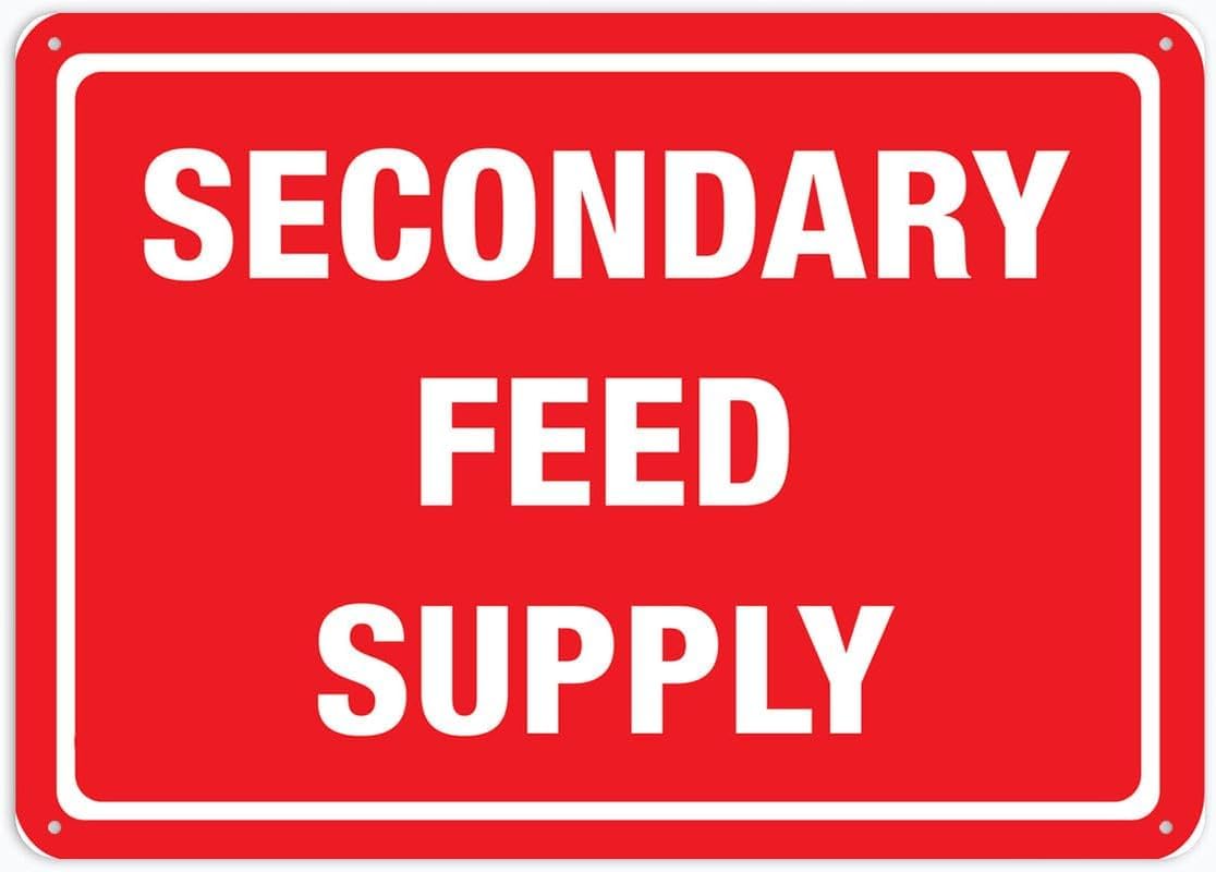 Secondary Feed Supply Rust Free Aluminum Tin Sign - Notice Decor with Pre-Drilled Holes for Indoor-Outdoor Home Yard, Factory Utility Zone - 8x12 Inch​