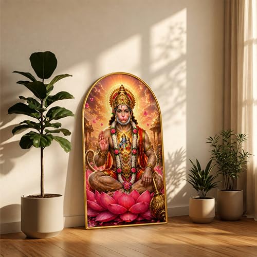 Image of SAF Lord Hanuman Wall Painting for Living Room, Devotional Lotus Artwork, PVC Golden Frame, Arch Shape Wall Decor for Pooja Room, Bedroom, Home Office & Gift (30 x 16 Inch) RPNL-01-98
