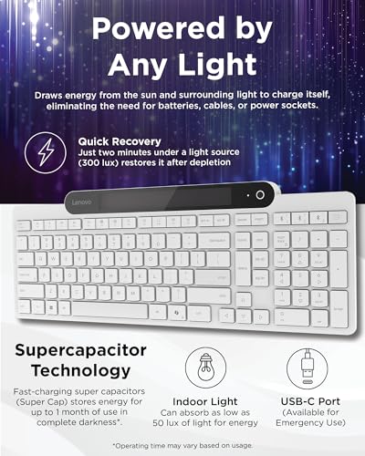 Image of Lenovo 800 Self-Charging Bluetooth Keyboard, Uses Ambient Light for Charging, Bluetooth 5.1, Supports 3 Devices, Battery Free, Wireless, White