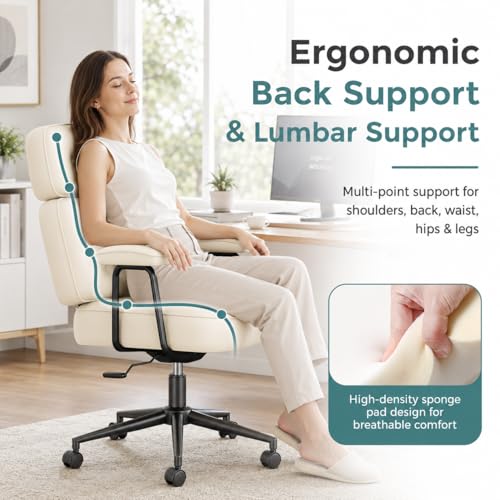 Image of Ergonomic Home Office Desk Chair, PU Leather Computer Chair with Lumbar Support, Adjustable Height, 360 Swivel Rolling Wheels, Executive Task Chair for Office, Gaming, Meeting Room, Beige