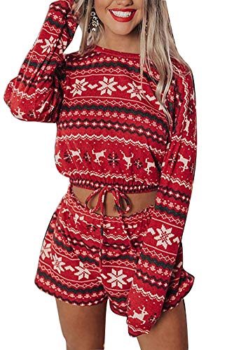 Artfish Women Fleece Pajama Set Christmas Snowflake Long Sleeve Tops Shorts Soft Loungewear Outfits (Red,S)