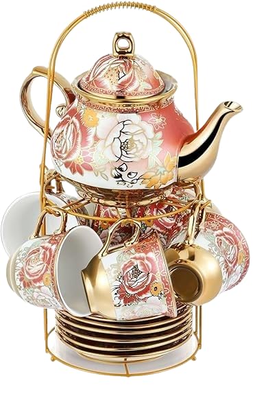 Image of DEEDECORWAVE Premium Ceramic Tea Set of 13 PCS Teapot (800ML) with 6 Cups (180ML Each), 6 Saucers & Holder Stand Elegant Gift for Tea Lovers Ideal for Home, Office & Parties (Dark Pink)