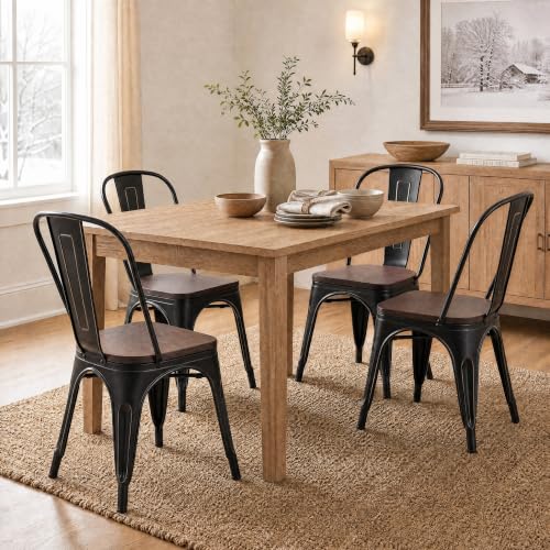 Image of Furmax Metal Dining Chairs with Wood Seat, Indoor-Outdoor Use Stackable Chic Dining Bistro Cafe Side Metal Chairs Set of 4 (Black Gold)