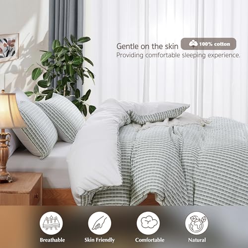 Image of Oli Anderson 100% Cotton Waffle Comforter Set King Size, 3 Pieces Lightweight Breathable All Season Bed Comforter, Soft Skin-Friendly Blanket for Bedroom Guest Room, Machine Washable, Green